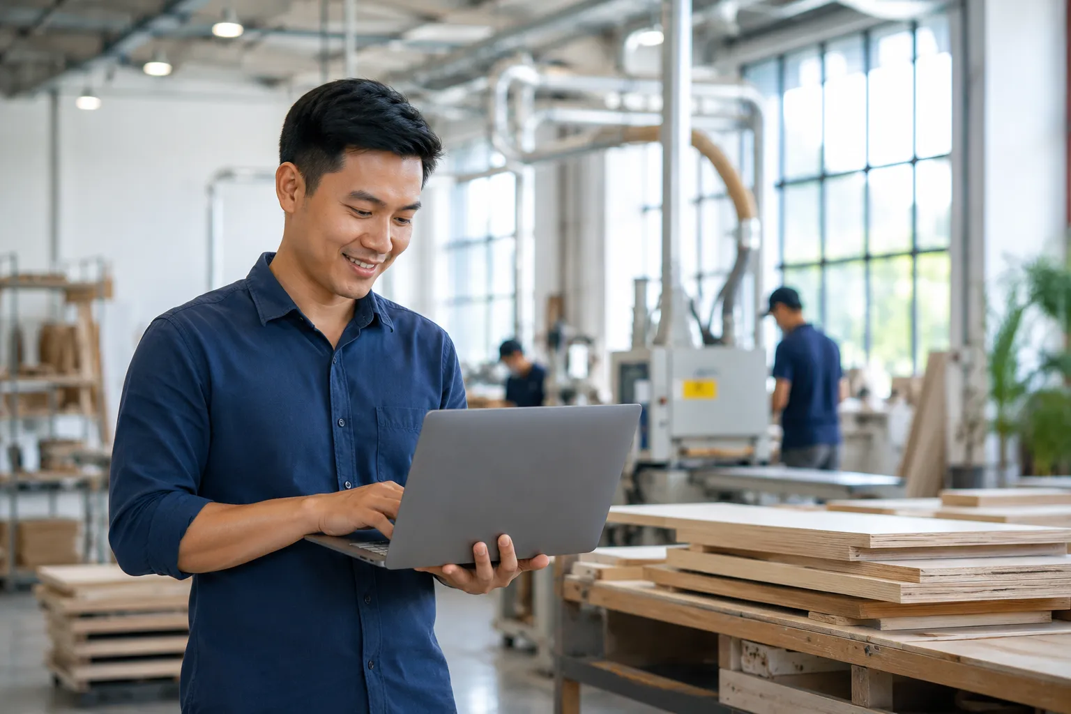 Chủ doanh nghiệp nhỏ Việt Nam dùng laptop trong xưởng, tận dụng hỗ trợ chuyển đổi số